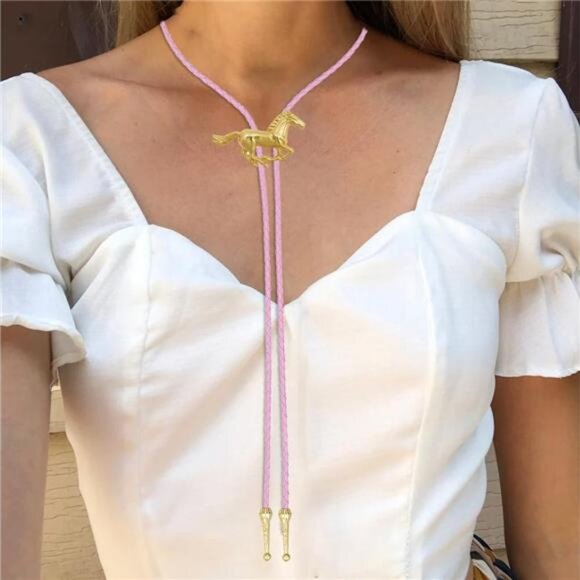Horse Bolo Tie Western Cowboy Necktie 3# Golden Horse Bolo Tie-pink - Picture 4 of 7